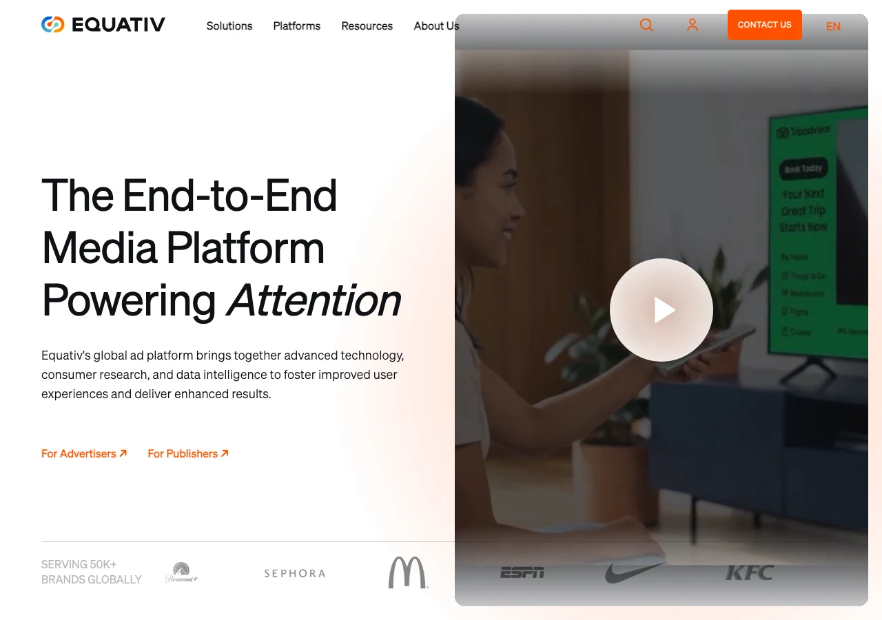 Capture du site d'Equativ en juillet 2026, la plateforme média française (ex-Smart AdServer) côté vente de l'écosystème publicitaire CTV, l'un des principaux SSP avec Magnite et PubMatic