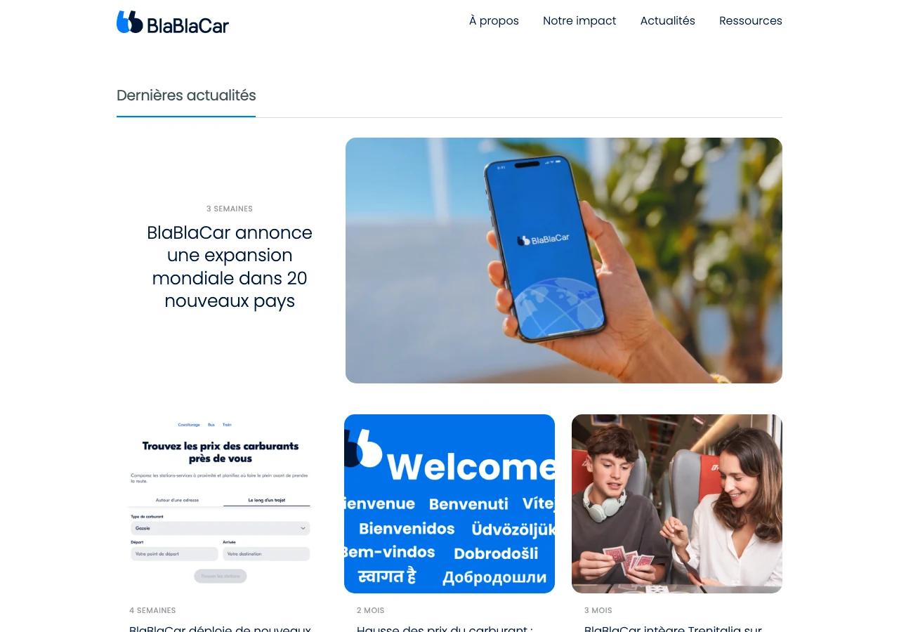 Capture de la newsroom de BlaBlaCar en juillet 2026 : actualités datées, visuels et ressources presse en libre accès, l'exemple type de l'espace presse en ligne qui complète le dossier de presse