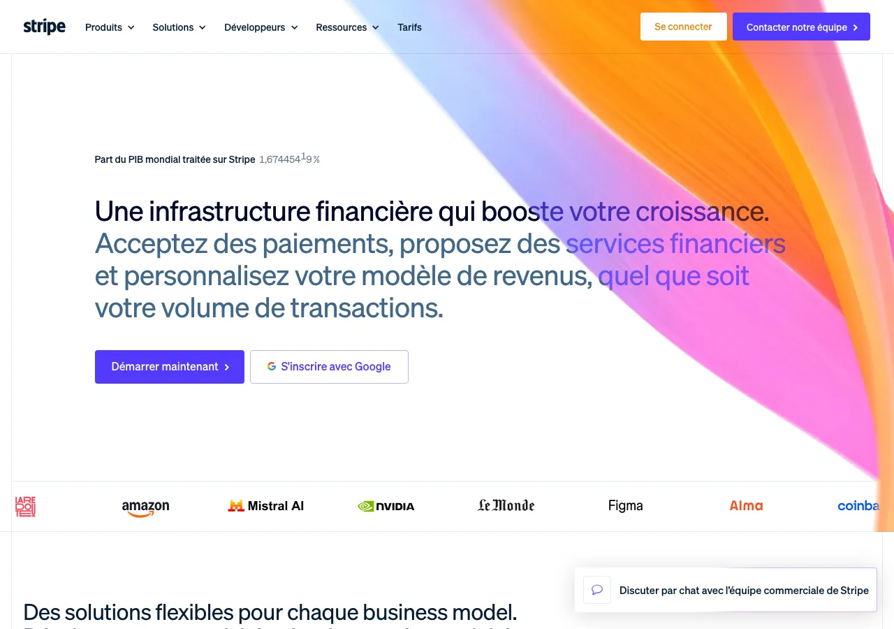 La page d'accueil de Stripe et sa proposition de valeur : une infrastructure financière qui booste votre croissance