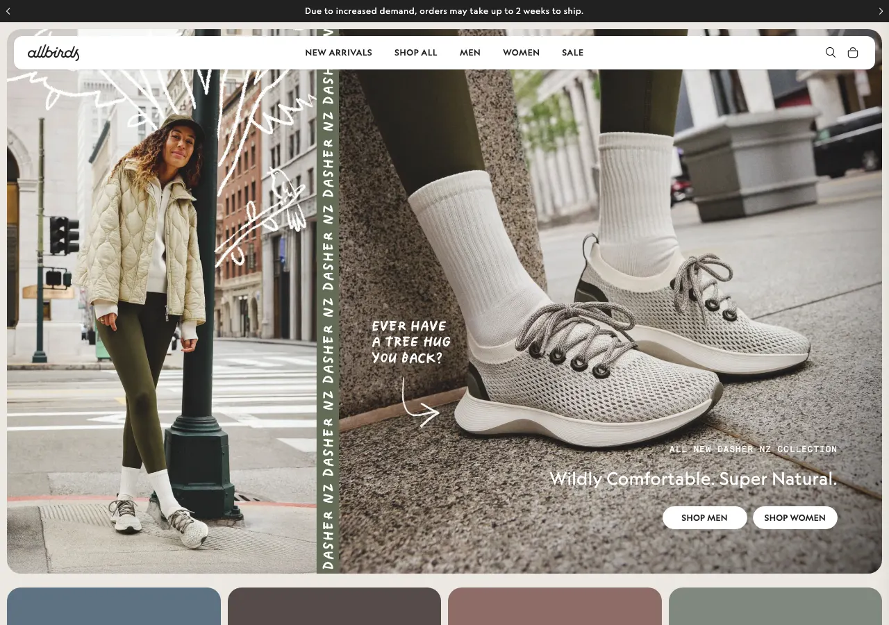 Page d'accueil du site Shopify d'Allbirds, chaussures écoresponsables