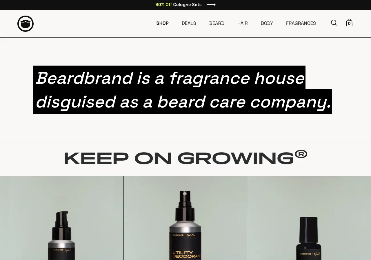 Page d'accueil du site Shopify de Beardbrand, produits d'entretien de barbe