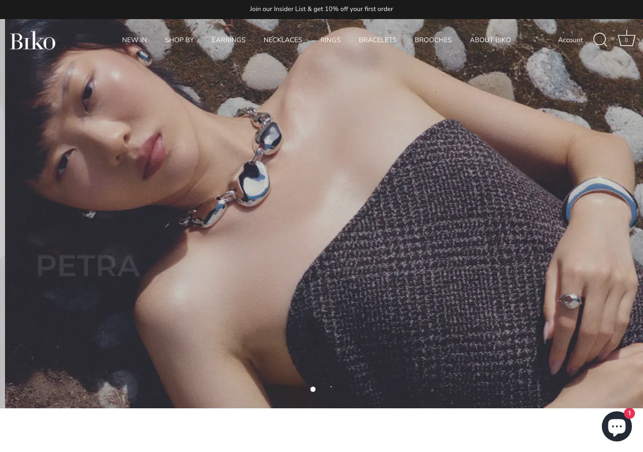 Page d'accueil du site Shopify de Biko, bijoux de créateur à Toronto