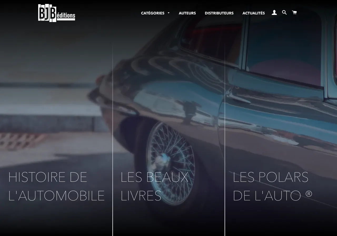 Page d'accueil du site Shopify de BJB Editions, livres automobiles
