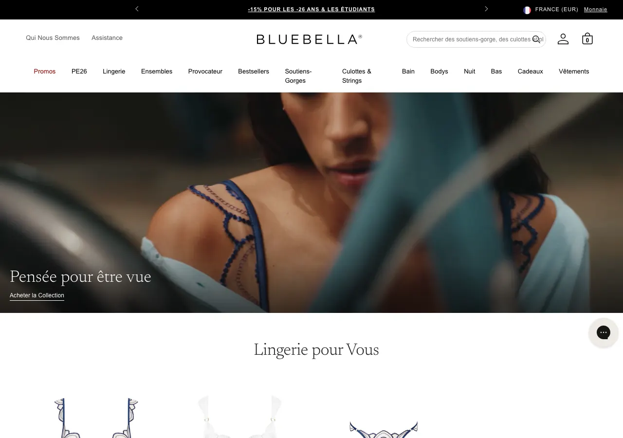 Page d'accueil du site Shopify de Bluebella, lingerie haut de gamme
