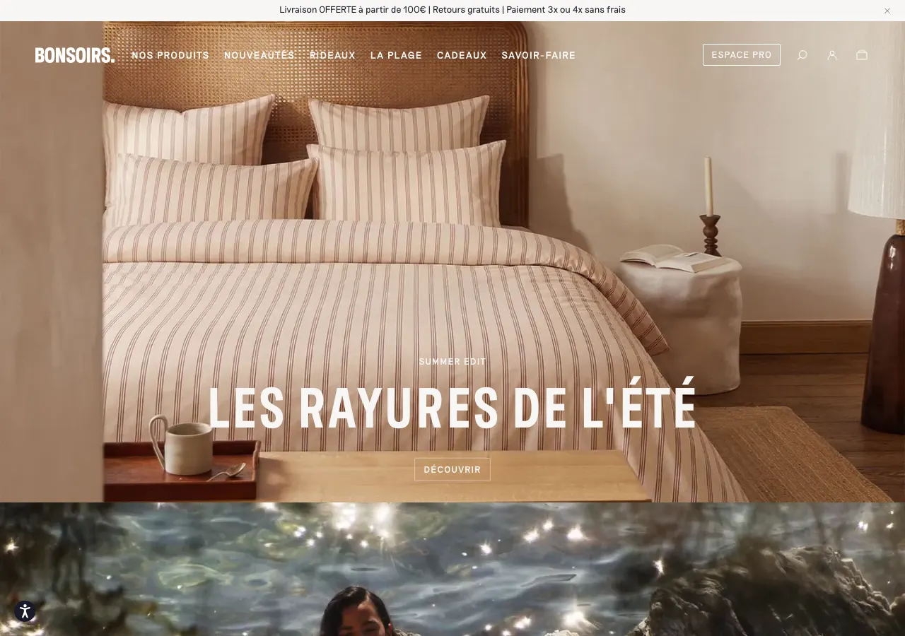 Page d'accueil du site Shopify de Bonsoirs, linge de maison