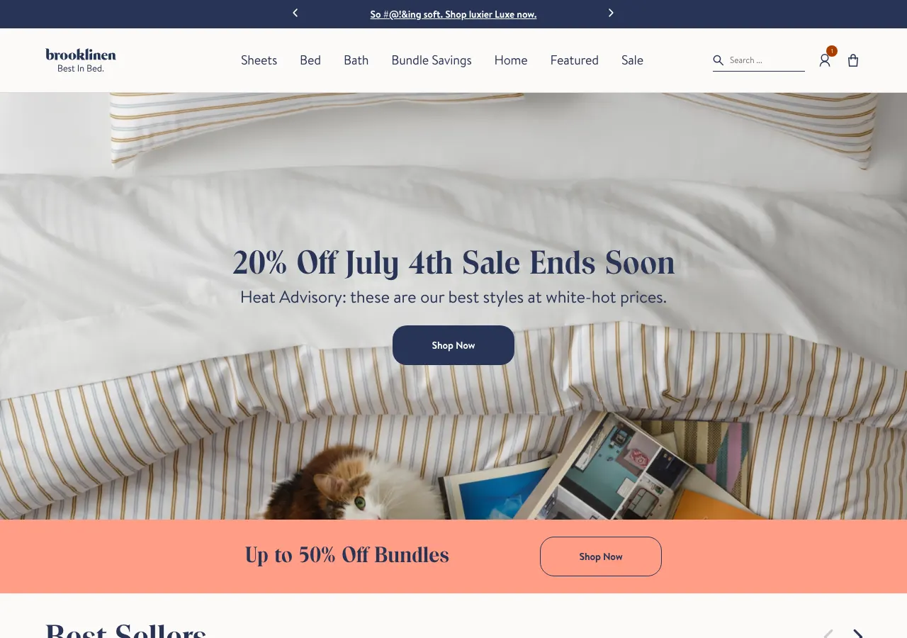 Page d'accueil du site Shopify de Brooklinen, linge de lit new-yorkais