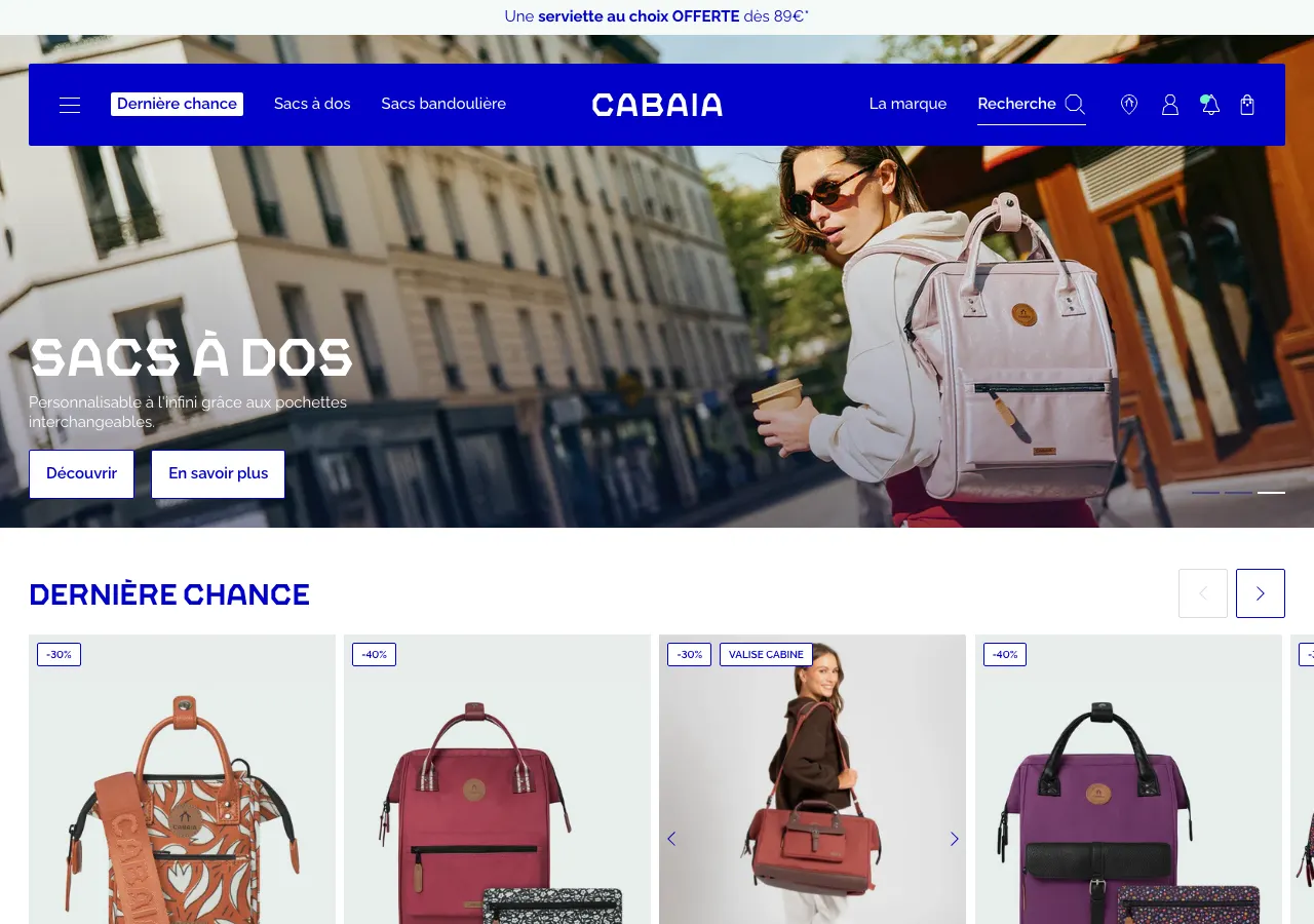 Page d'accueil du site Shopify de Cabaïa, sacs à dos et accessoires