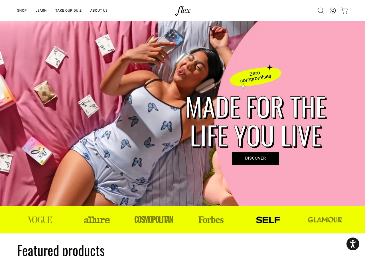 Page d'accueil du site Shopify de Flex, hygiène féminine par abonnement