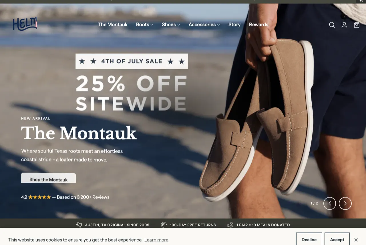 Page d'accueil du site Shopify de HELM Boots, bottes fabriquées aux USA