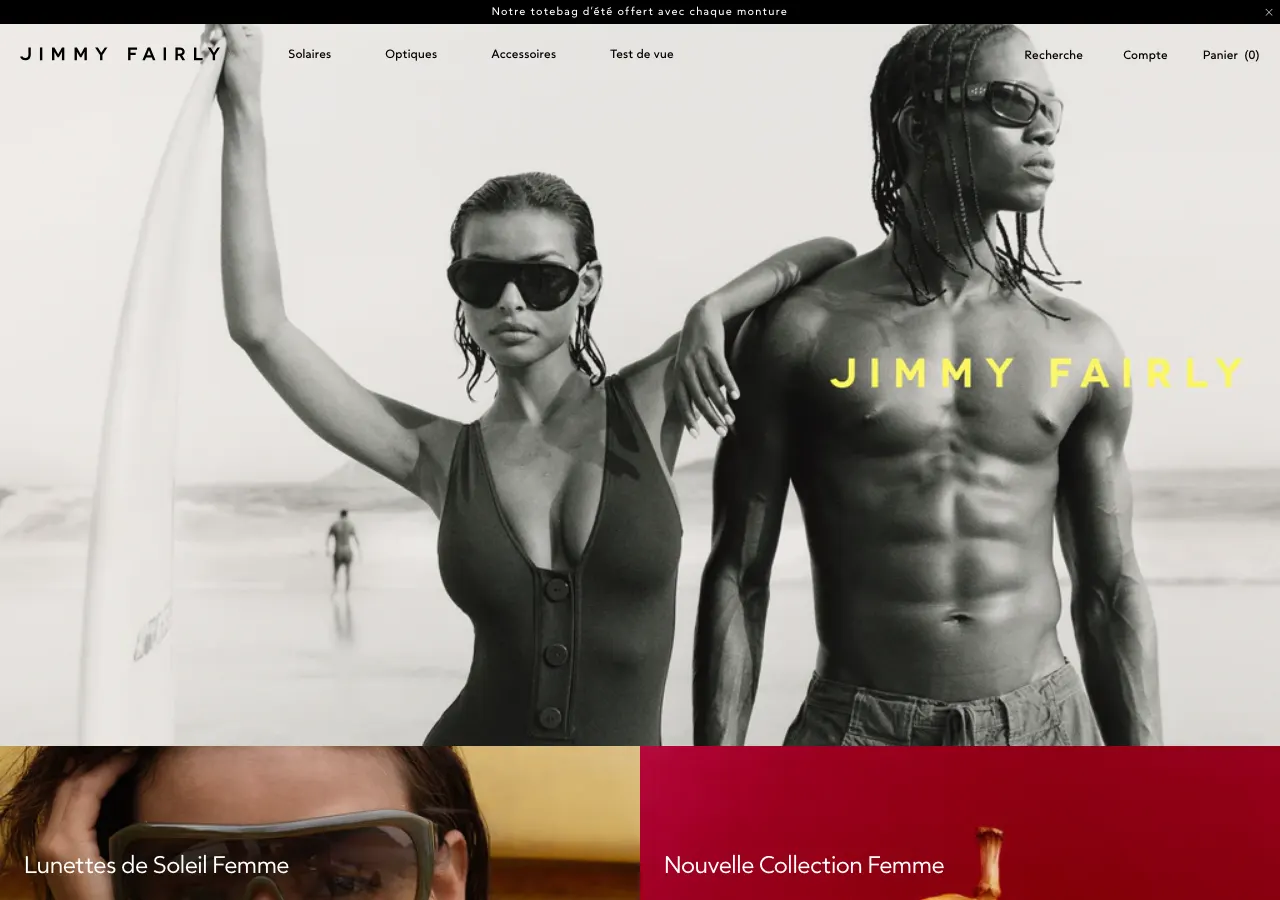 Page d'accueil du site Shopify de Jimmy Fairly, lunettes omnicanal