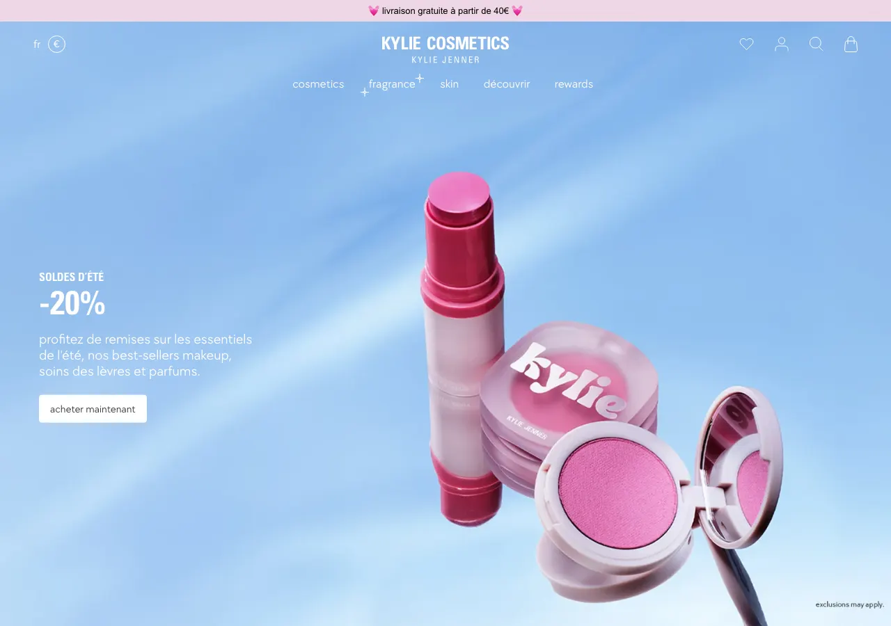 Page d'accueil du site Shopify de Kylie Cosmetics, maquillage en ventes flash