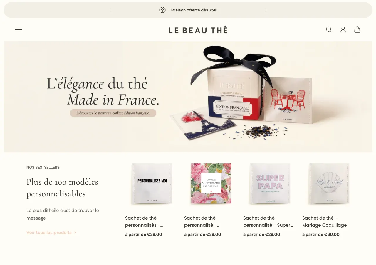 Page d'accueil du site Shopify du Beau Thé, thé personnalisable