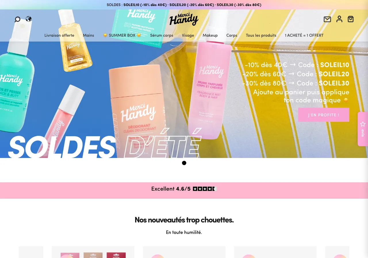 Page d'accueil du site Shopify de Merci Handy, cosmétiques colorés