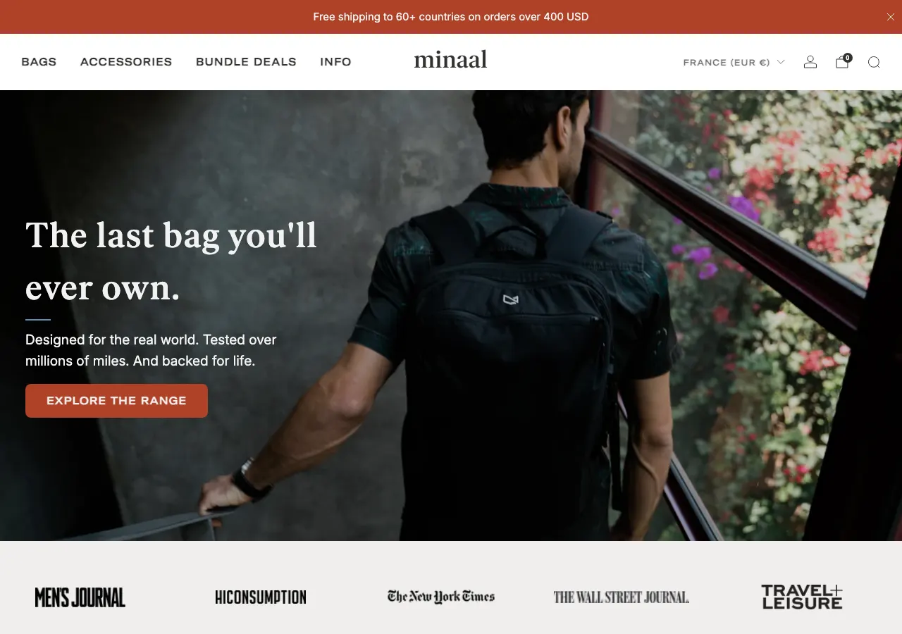 Page d'accueil du site Shopify de Minaal, équipement de voyage