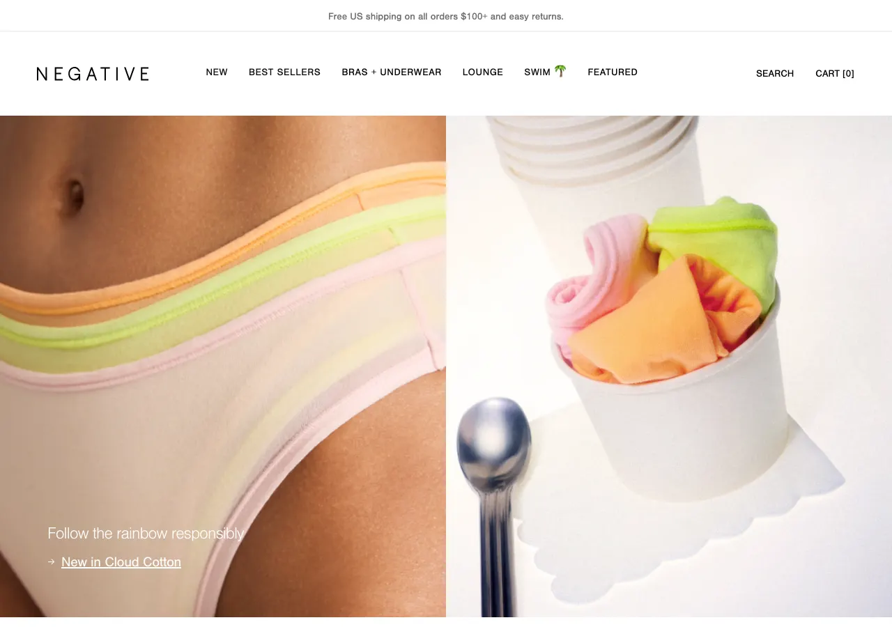 Page d'accueil du site Shopify de Negative Underwear, sous-vêtements minimalistes