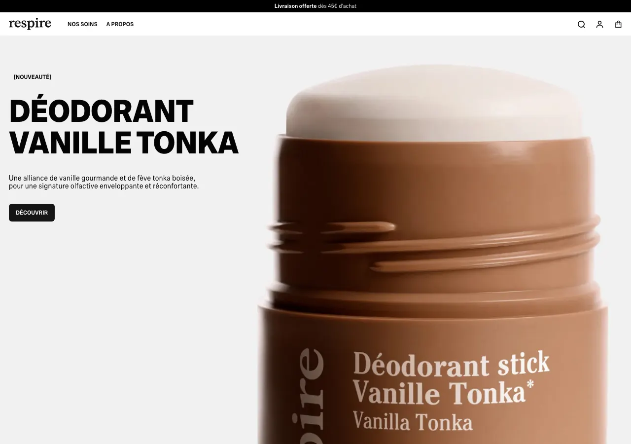 Page d'accueil du site Shopify de Respire, soins naturels