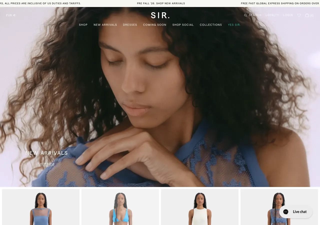Page d'accueil du site Shopify de Sir the Label, mode féminine australienne