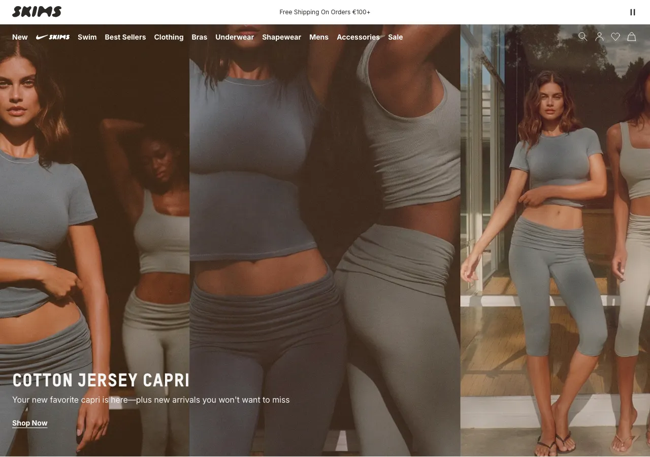 Page d'accueil du site Shopify de Skims, shapewear de Kim Kardashian