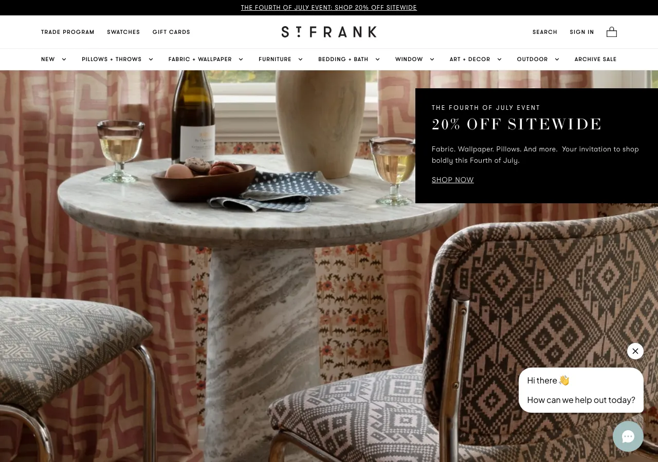 Page d'accueil du site Shopify de St. Frank, ameublement artisanal haut de gamme