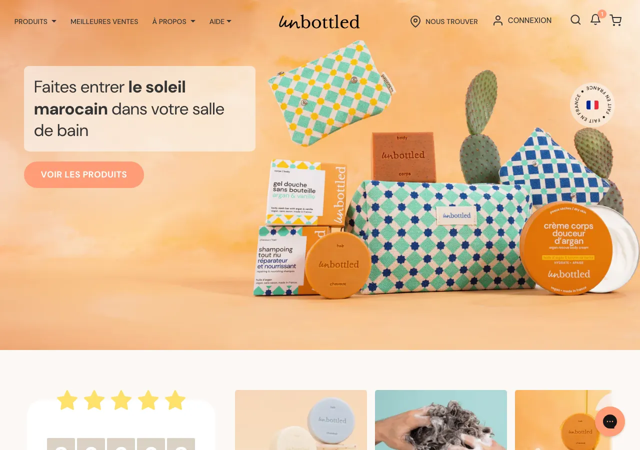 Page d'accueil du site Shopify d'Unbottled, cosmétiques solides sans plastique