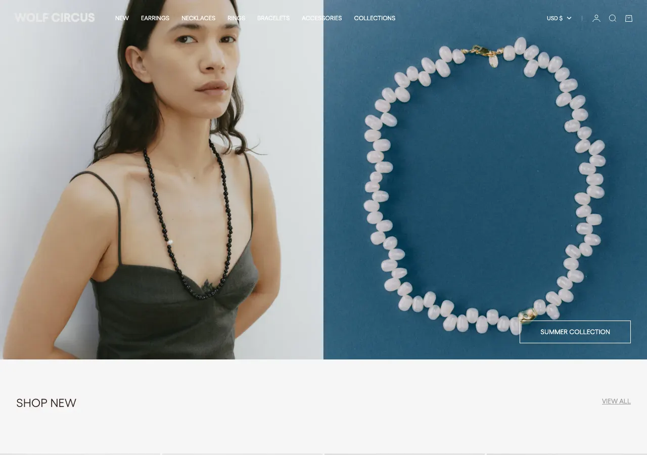 Page d'accueil du site Shopify de Wolf Circus, bijoux faits main à Vancouver