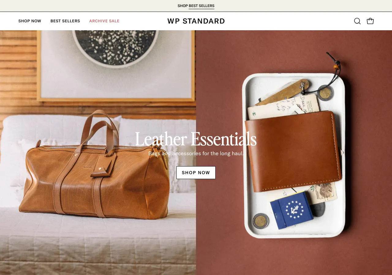 Page d'accueil du site Shopify de WP Standard, maroquinerie primée