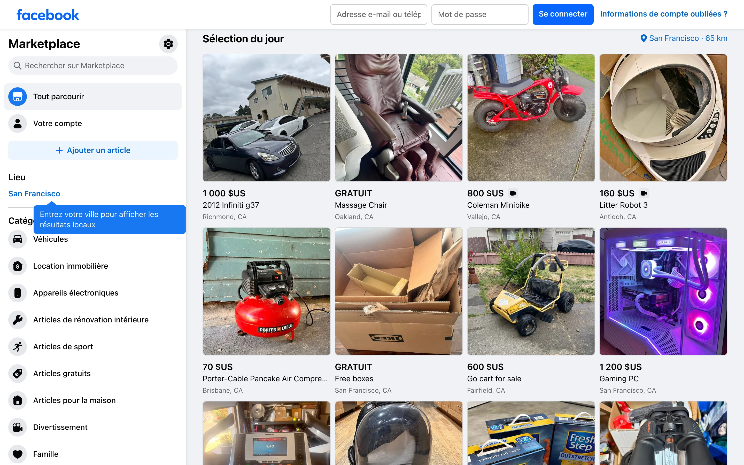 L'interface de Facebook Marketplace (juillet 2026) : navigation par catégories à gauche, sélection du jour et annonces en grille