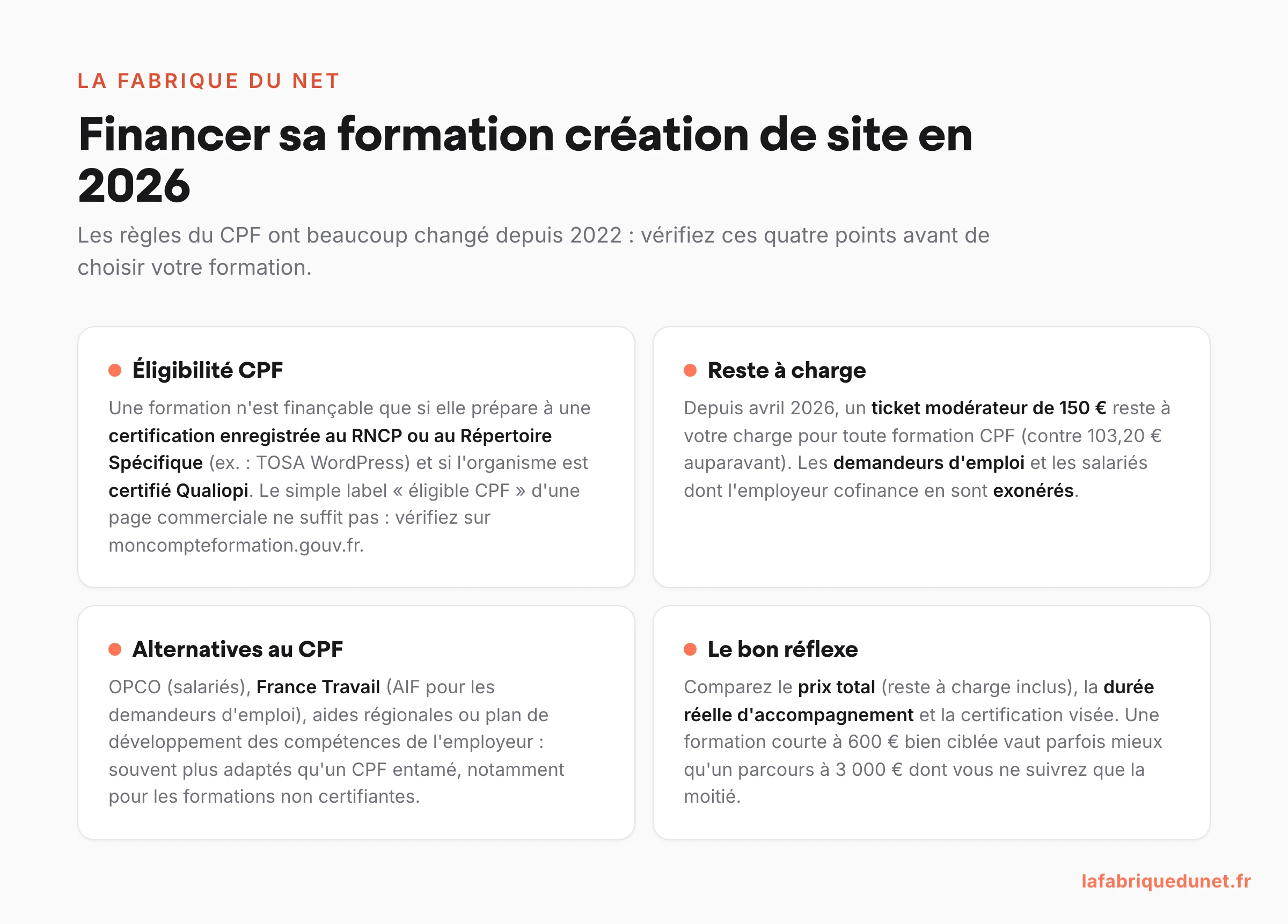Schéma : financer sa formation création de site en 2026 — éligibilité CPF (RNCP/RS + Qualiopi), reste à charge de 150 €, alternatives OPCO et France Travail