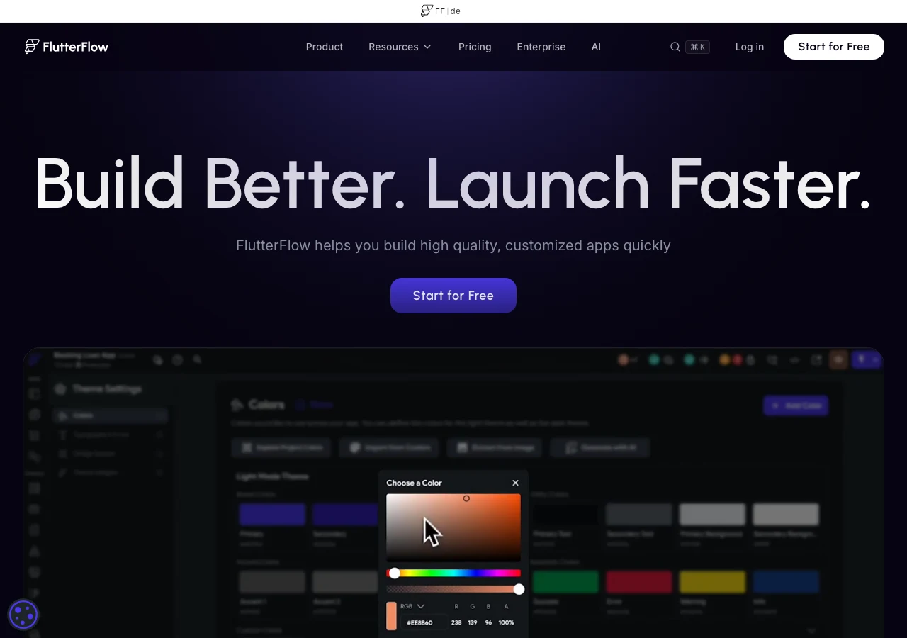 Capture du site de FlutterFlow en juillet 2026 : la plateforme low-code qui génère de vraies applications mobiles et permet d'exporter le code Flutter, l'exemple type de la réversibilité à exiger avant de choisir son outil