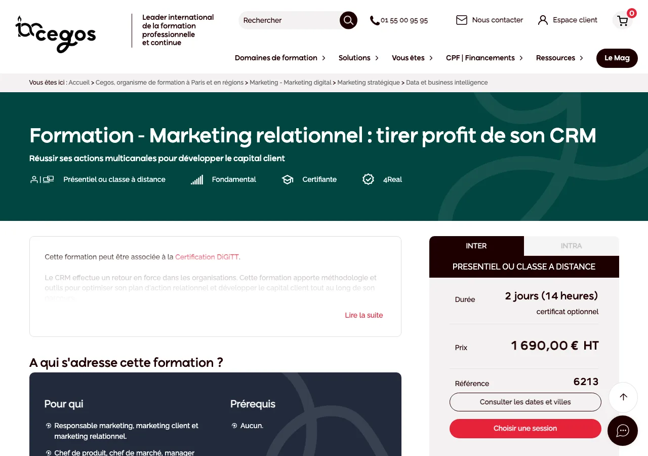 Page de la formation Marketing relationnel tirer profit de son CRM de Cegos, 2 jours 14 heures