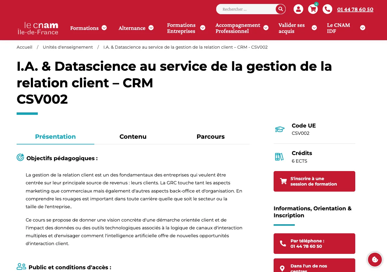 Page de l'unité d'enseignement CSV002 du CNAM Île-de-France, initiation à la gestion de la relation client CRM