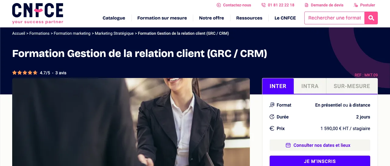 Page de la formation Gestion de la relation client GRC CRM du CNFCE, 2 jours à 1590 euros HT