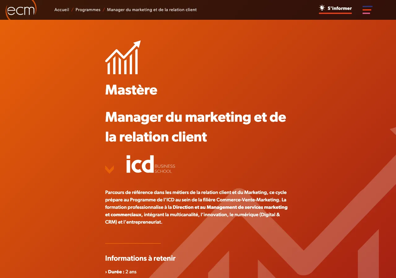 Page du Mastère Manager de la relation client et du marketing de l'ECM