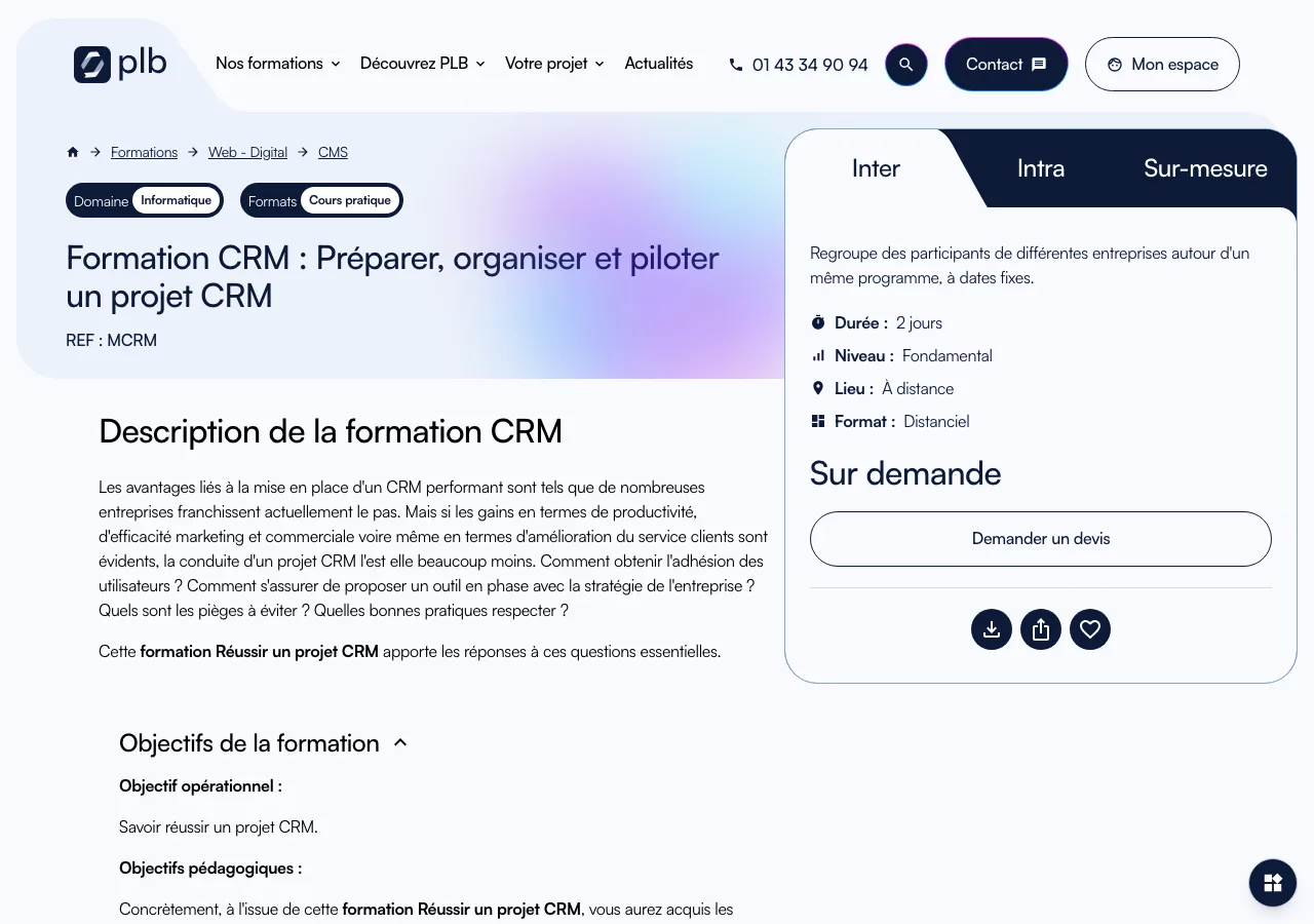 Page de la formation Réussir un projet CRM de PLB Consultant
