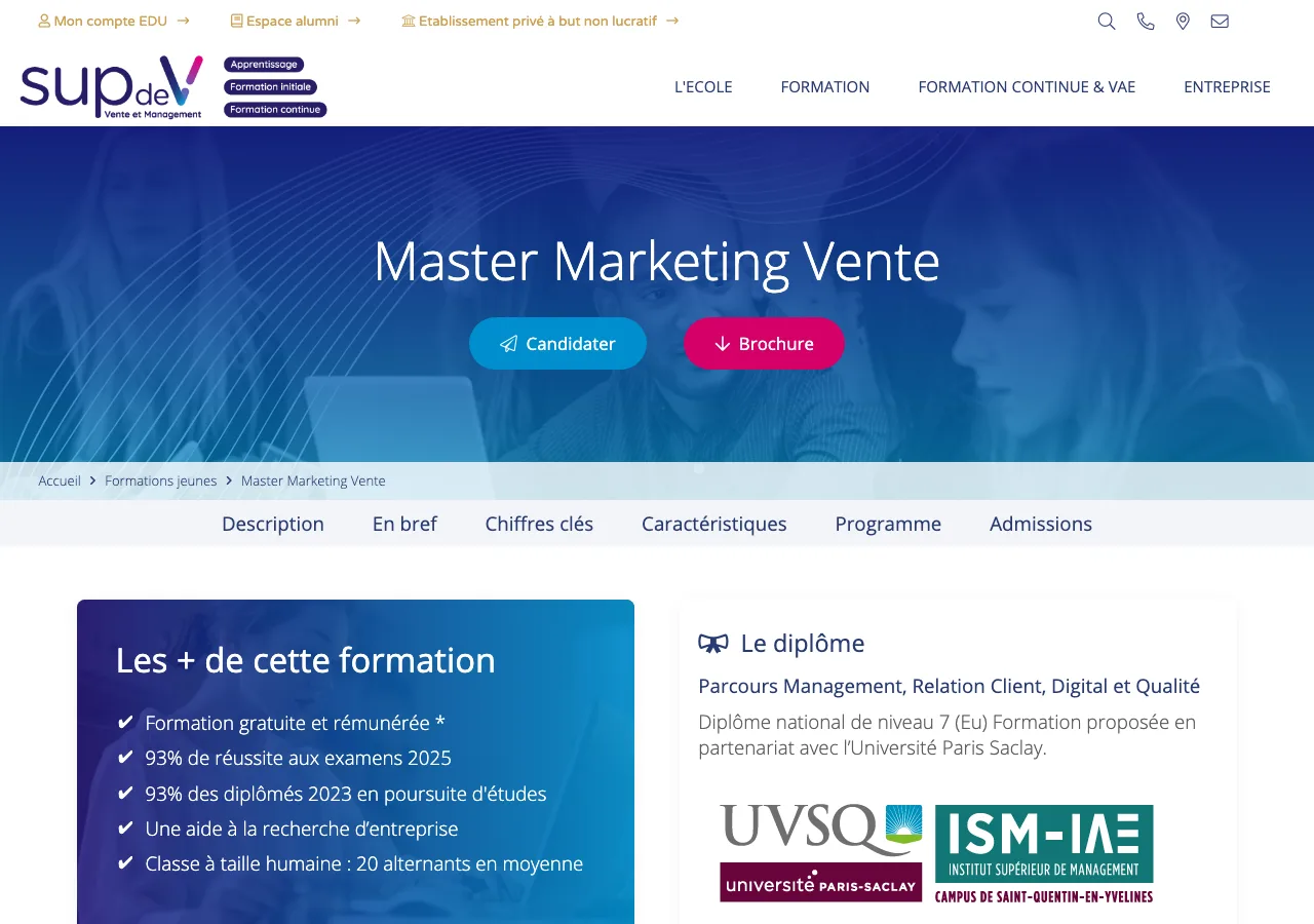 Page du Master Marketing Vente parcours Management Relation Client Digital et Qualité de SUP de V