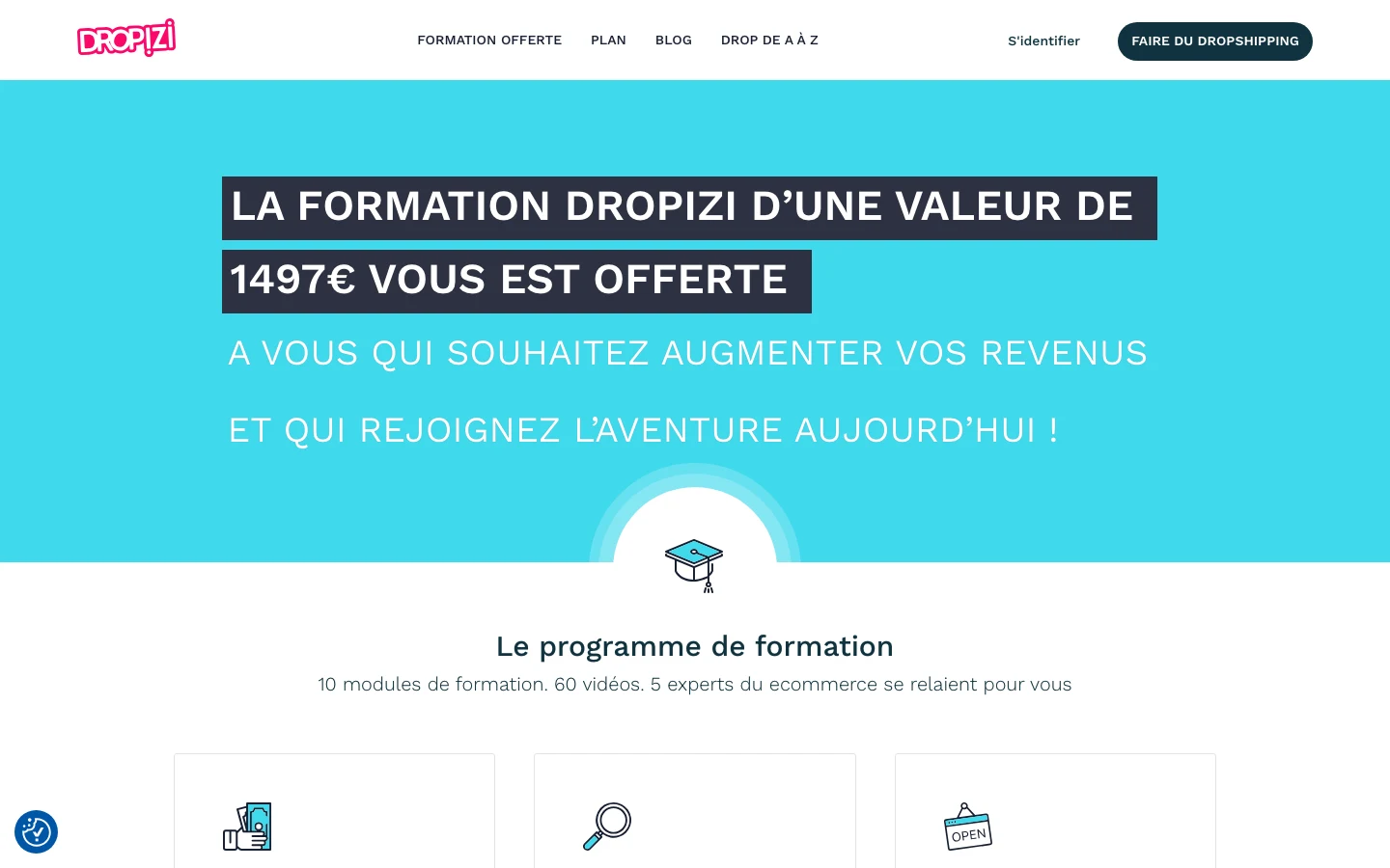 Capture d'écran de la formation dropshipping offerte par Dropizi : 10 modules, 60 vidéos, 5 experts e-commerce