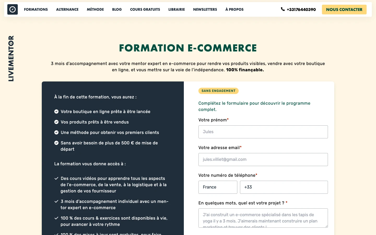Capture d'écran de la formation e-commerce LiveMentor : 3 mois d'accompagnement avec un mentor, 100 % finançable
