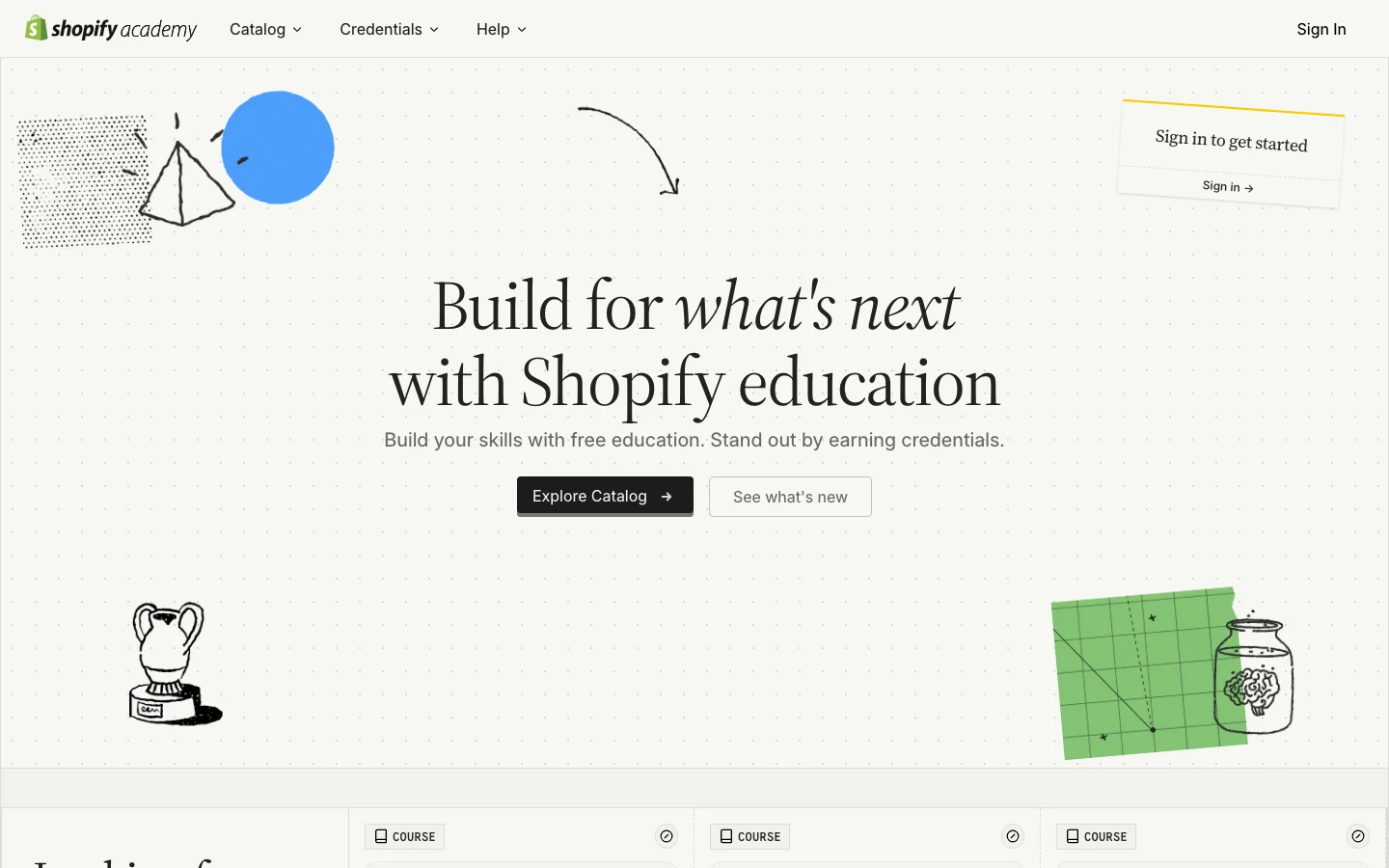 Capture d'écran de Shopify Academy, les cours e-commerce gratuits et certifiants de Shopify
