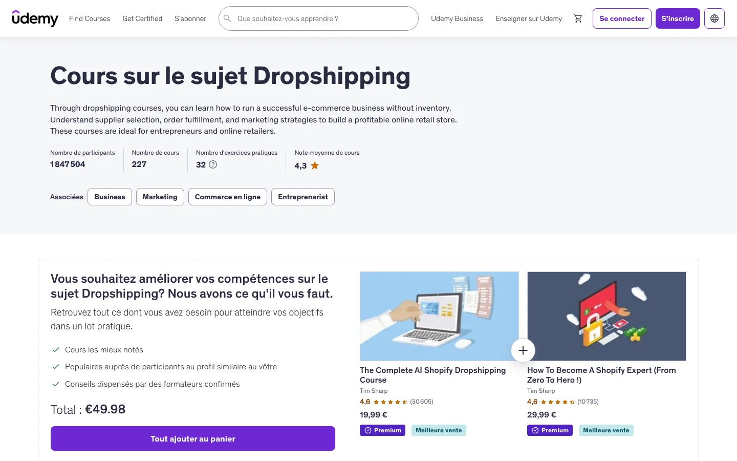 Capture d'écran des cours dropshipping sur Udemy : plus d'1,8 million d'élèves sur le sujet, cours dès une vingtaine d'euros
