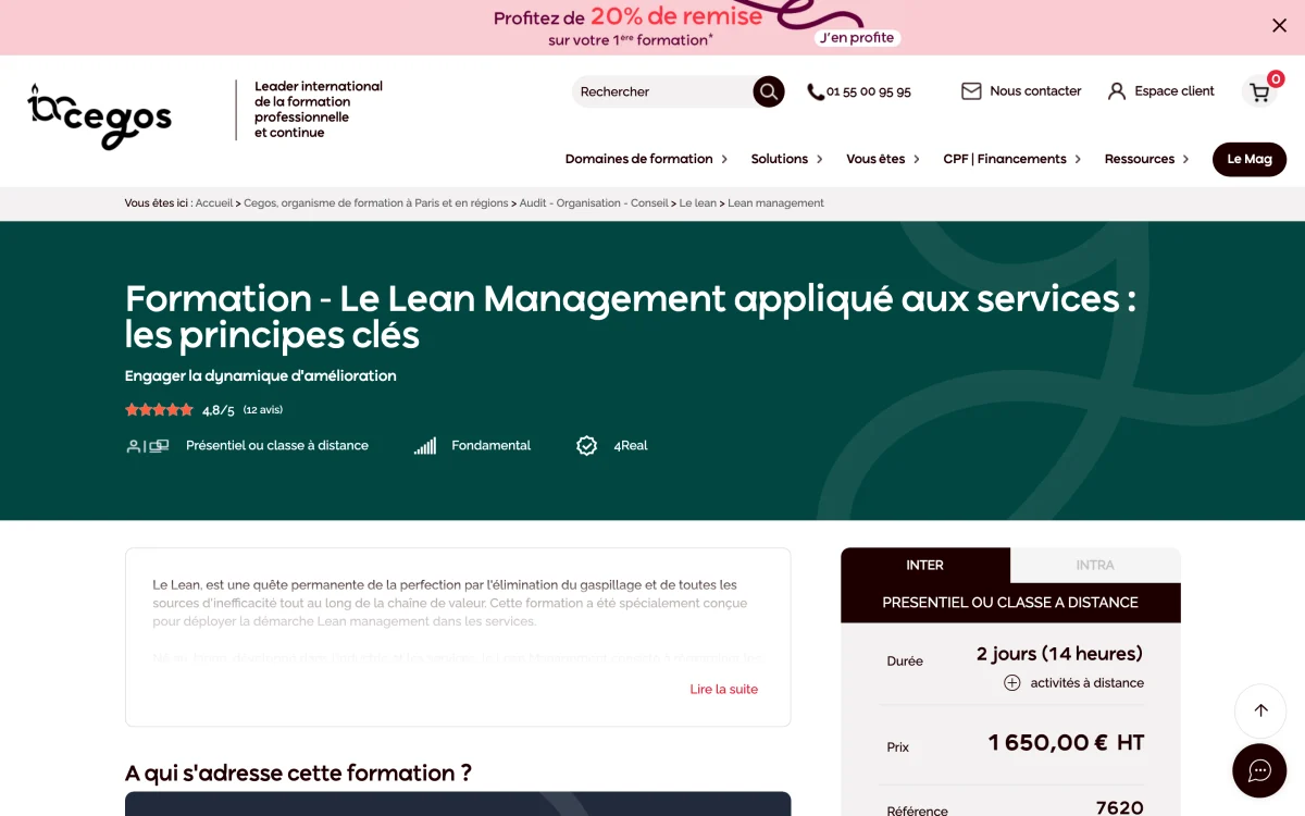Page de la formation Lean Management appliqué aux services de Cegos, 1 650 € HT