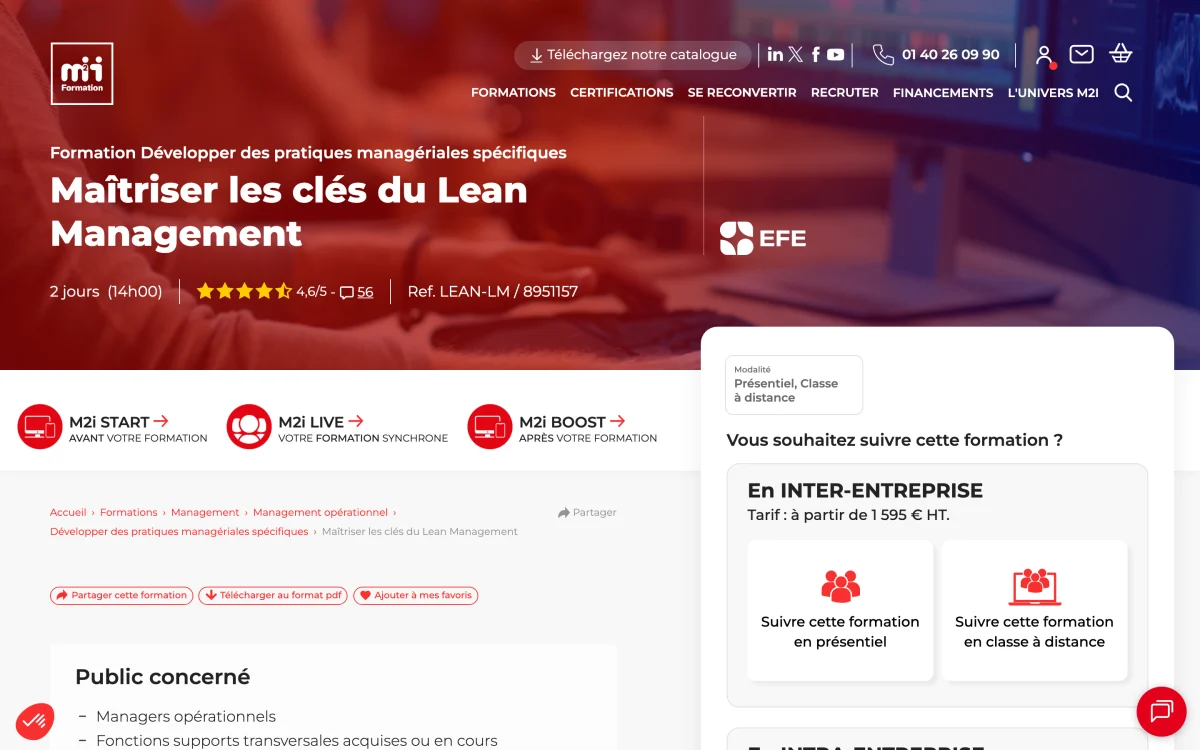 Page de la formation Maîtriser les clés du Lean Management de M2I, dès 1 595 € HT