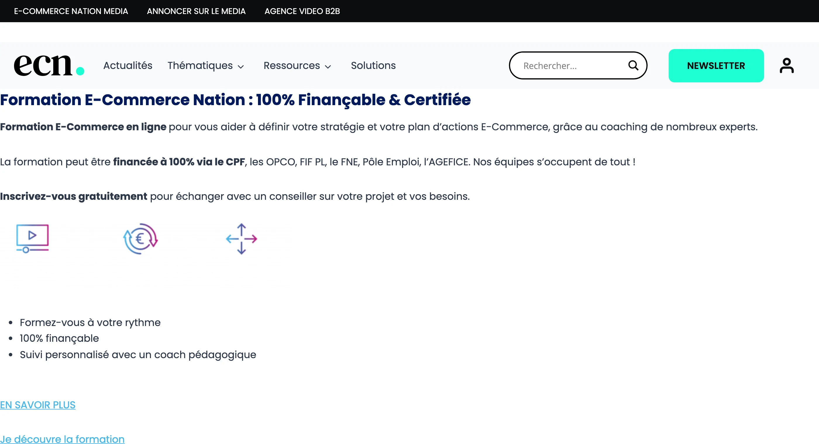 La page de la formation E-Commerce Nation en 2026 : 100 % finançable et certifiée, coaching personnalisé
