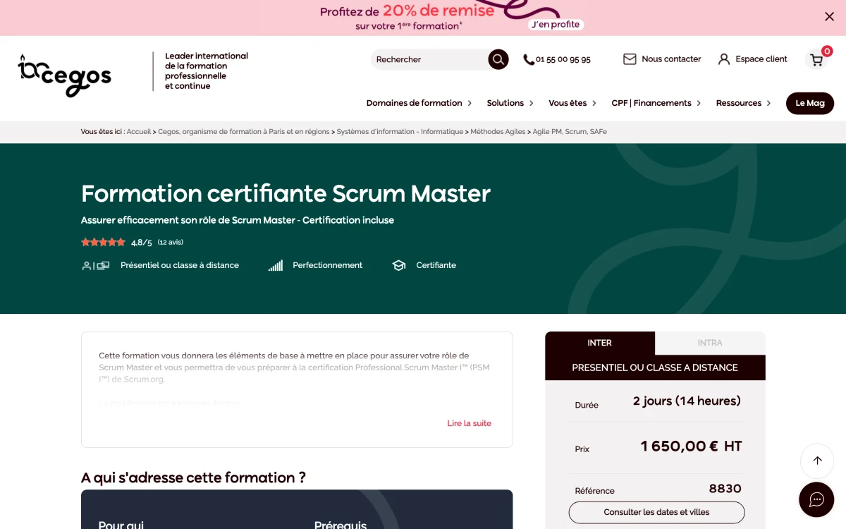 Page de la formation certifiante Scrum Master de Cegos, 1 650 € HT