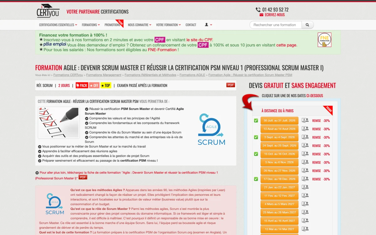 Page de la formation Agile Scrum Master PSM de Certyou, dès 774 € HT