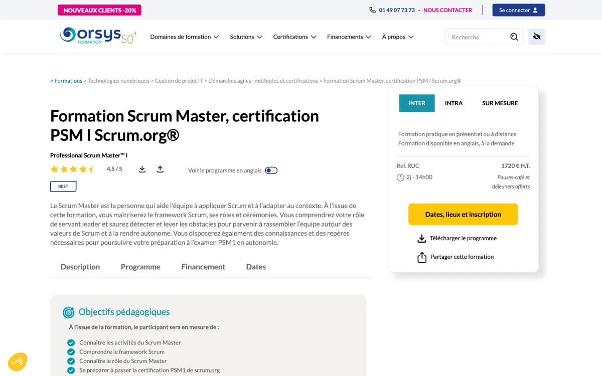 Page de la formation Scrum Master certification PSM I d'Orsys, 1 720 € HT