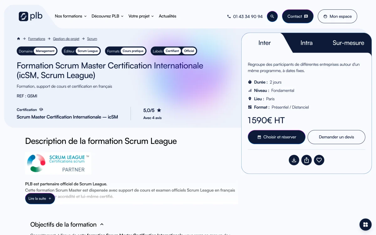 Page de la formation Scrum Master certification icSM Scrum League chez PLB, 1 590 € HT