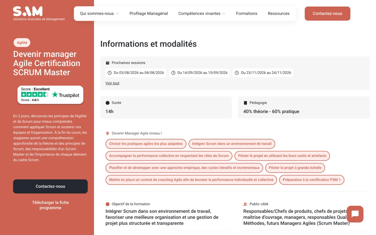 Page de la formation Devenir manager agile certification Scrum Master de SAM (ex-Actinuum), 1 085 € HT
