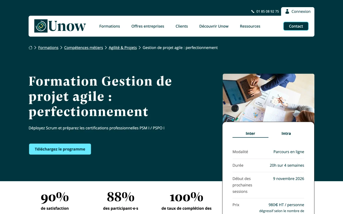 Page de la formation Gestion de projet agile perfectionnement d'Unow, 980 € HT