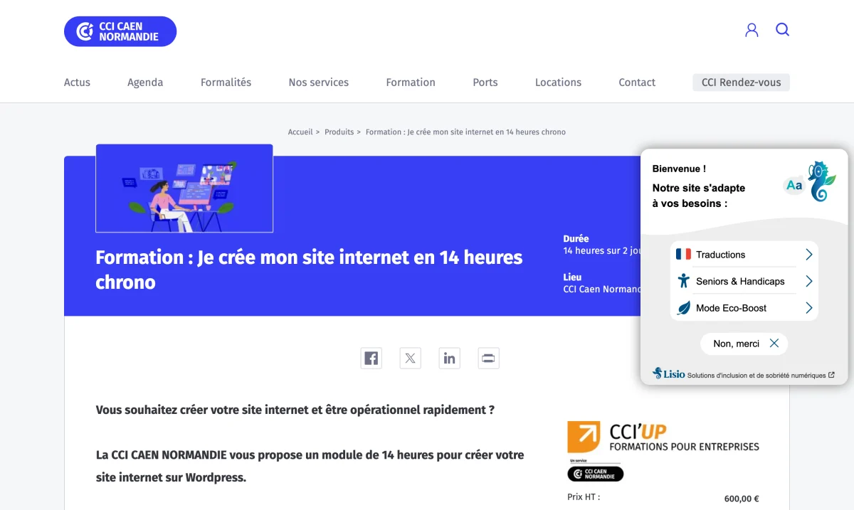 Page de la formation CCI Caen Normandie « Je crée mon site internet en 14 heures chrono », 14 heures sur 2 jours, 600 € HT