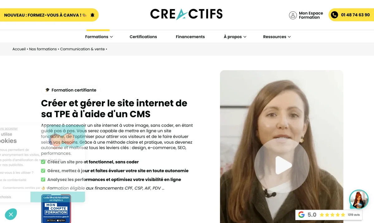 Page de la formation CréActifs « Créer et gérer le site internet de sa TPE à l'aide d'un CMS », certification RS6685, éligible CPF